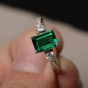 Engagement Ring Emerald Ring May Birthstone Ring Emerald Cut Green Gemstone Ring Sterling Silver Ring