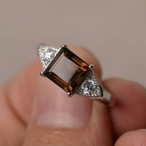 Promise Ring Natural Smoky Quartz Ring Square Cut Brown Gemstone Sterling Silver Ring