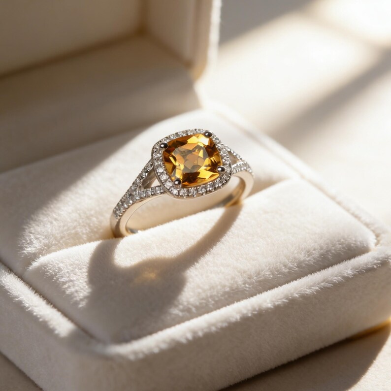 Pu&ograve; includere: Un anello d'argento con una gemma quadrata giallo dorato, circondata da pietre pi&ugrave; piccole e trasparenti. L'anello &egrave; presentato in un portagioie di velluto bianco, con un'ombra creata dalla luce solare.