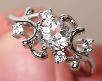 Unique Design White Topaz Engagement Ring 14K White Gold Round Cut Cluster November Birthstone Ring