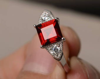 Cocktail Party Ring Natural Garnet Ring Square Cut Red Gemstone January Birthstone Sterling Silver Ring