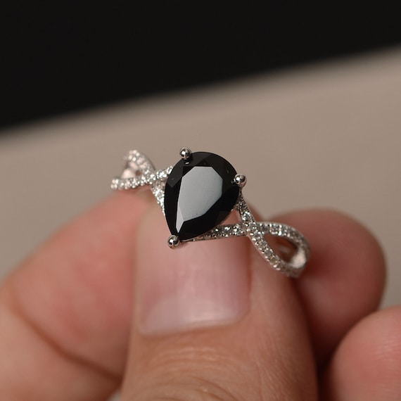 Natural Black Spinel Ring Black Gems Ring Sterling Silver Ring Pear Cut  Gemstone Ring Anniversary Ring 