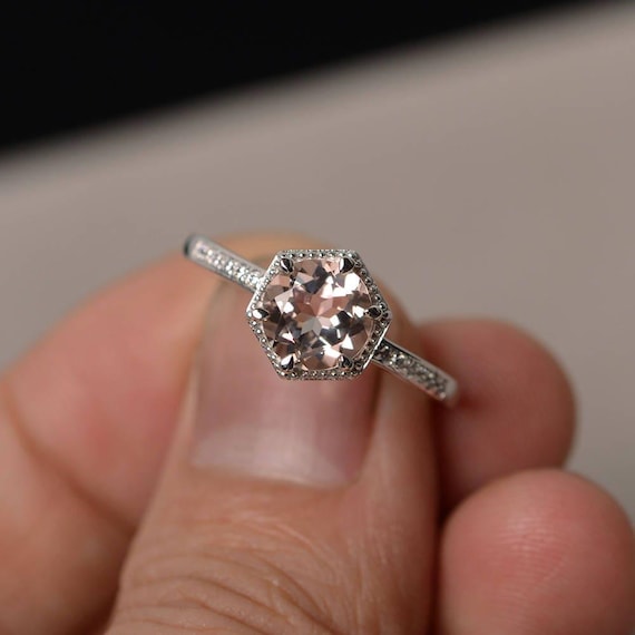 Natural Morganite Ring Engagement Ring Pink Gemstone Ring Round Cut