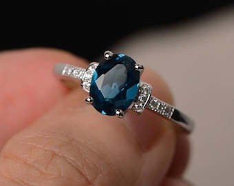 London Blue Topaz  Engagement Ring Sterling Silver Ring Oval Cut Blue Gemstone Ring