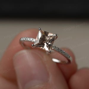 Morganite Ring Sterling Silver Anniversary Ring Princess Cut Pink Stone Ring