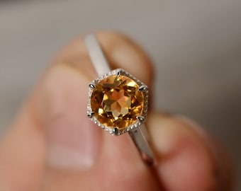 Citrine Ring Silver Solitaire Ring Simple Ring Promise Ring November Birthstone Ring