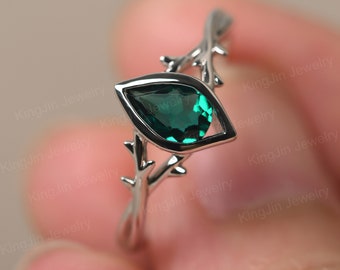 Pear Shaped May Birthstone Ring Sterling Silver Emerald Promise Ring Unique Thorns Ring