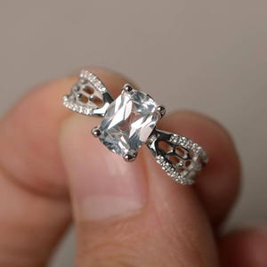 Topaz Anniversary Rings Natural White Topaz Rings Sterling Silver Rings Cushion Cut Gemstone Gifts for Her