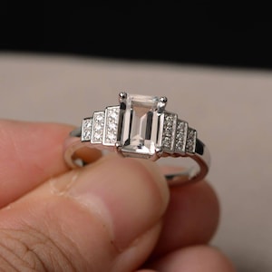Emerald Cut Natural White Topaz Ring Promise Ring Sterling Silver Ring Gemstone Ring