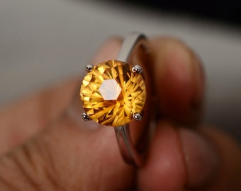 Natural Citrine Ring Sterling Silver Ring Round Gemstone Ring November Birthstone Ring