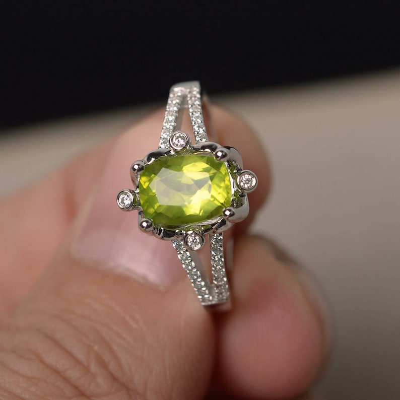 Natural Peridot Engagement Rings Cushion Cut Green Gems Rings Sterling Silver Rings August Birthstone