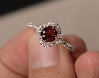 Garnet Rings Round Cut Rings Halo Ring Garnet Engagement Rings Red Gemstone Rings Promise Ring for Her Sterling Silver 925