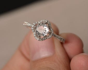 Natürliche weiße Topas Ring Silber Edelstein Ring Sterling Silber Ring Runde Stein Ring