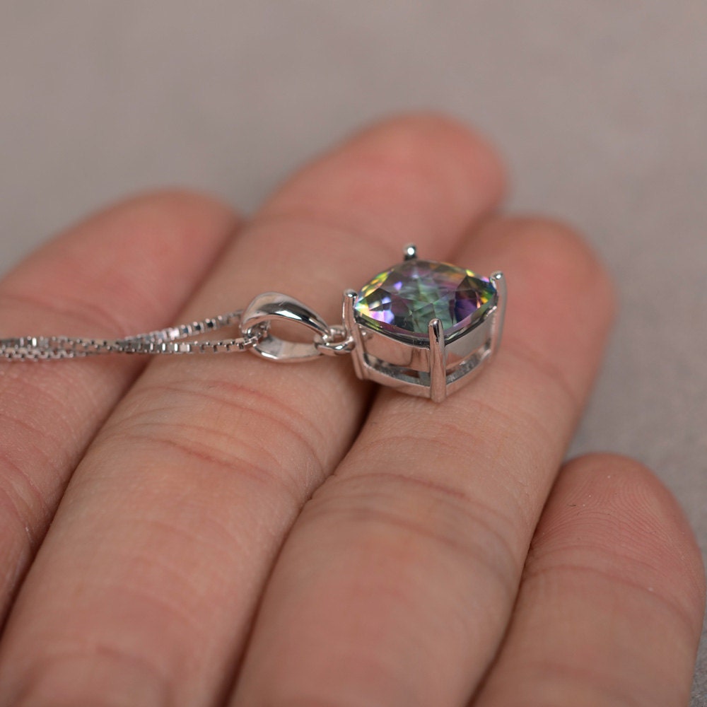 BENIAMINO 925 Sterling Silver Mystic Topaz Pendant Necklace – 5.79ct Multi-Color Trillion Cut, 45cm Chain