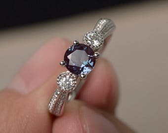Vintage Rings Alexandrite Wedding Rings Round Cut Rings Solid Silver Ring June Birthstone Color Changing Gems