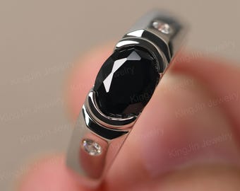 Width Band Black Spinel Ring for Men Oval Shaped Sterling Silver Black Stone Engagement Ring