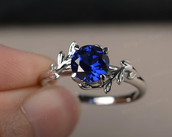 Saphir Ring Zweig & Blätter Ring Solitär Verlobungsring Rundschliff September Geburtsstein Ring
