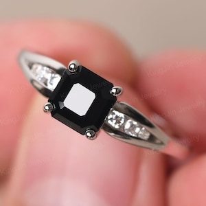 Asscher Cut 6x6 mm Black Spinel Wedding Ring Sterling Silver Channel Setting CZ Promise Ring