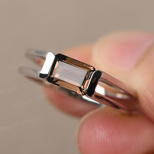 Minimalistische rookkwartsring Emerald Cut East West Promise Ring sterlingzilver dubbele bandring