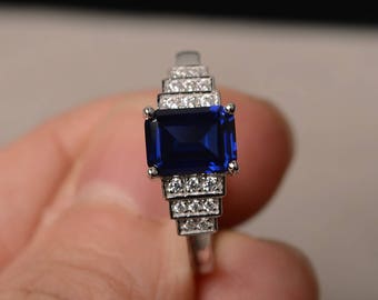 Emerald Cut Lab Blue Sapphire Ring Wedding Ring Sterling Silver Ring Gemstone September Birthstone Ring