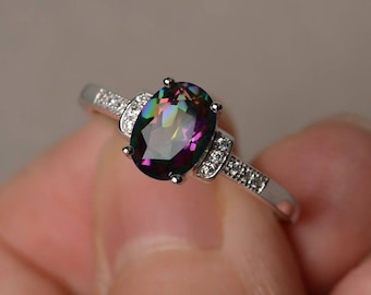 Sterling Silver Oval Cut Mystic Topaz Ring Engagement  Ring Rainbow Gemstone