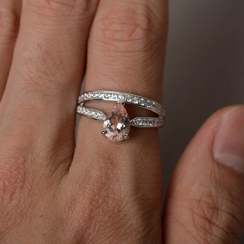 Anillo de compromiso de morganita con forma de lágrima, anillo de piedras preciosas rosas, anillo de corona de plata imagen 4