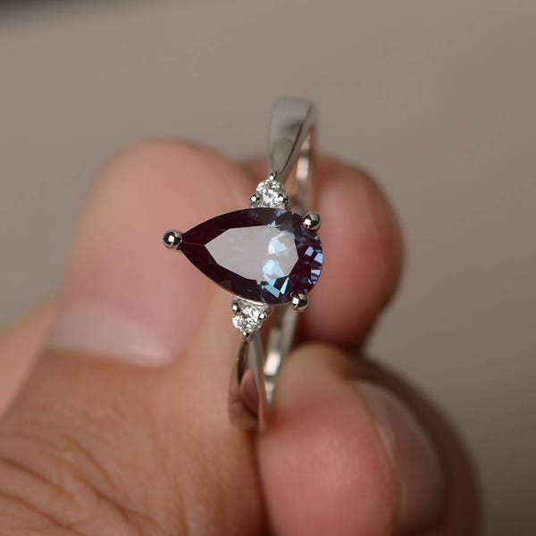 Pear Cut Alexandrite Ring Sterling Silver Ring June Birthstone Ring Color Changing Gemstone Solitaire Ring