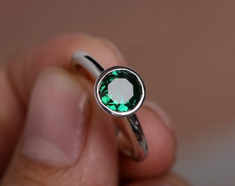 Lab Emerald Ring Gemstone Ring Sterling Silver Ring Bezel Ring Engagement Ring Birthstone Ring