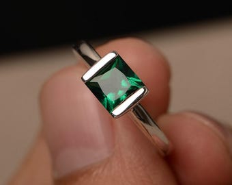Lab Emerald Rings May Birthstone Ring Princess Cut Gemstone Ring Green Stone Ring Sterling Silver Ring