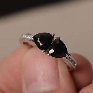 Natural Black Spinel Ring Trillion Cut Black Gemstone Ring Sterling Silver Ring Engagement Ring