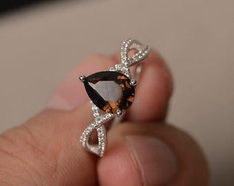 Natural Smoky Quartz Ring Proposal Ring Brown Gemstone Ring Sterling Silver Ring Pear Cut Gemstone