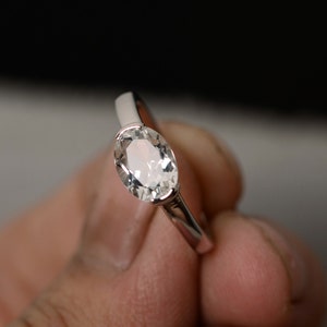 Natural White Topaz Ring Oval Cut Ring Sterling Silver Prong Setting Ring