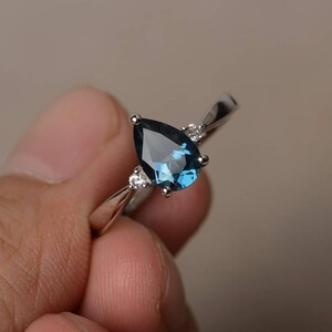 London Blue Topaz Ring Wedding Ring Blue Gemstone Ring Sterling Silver Ring Pear Cut Gemstone