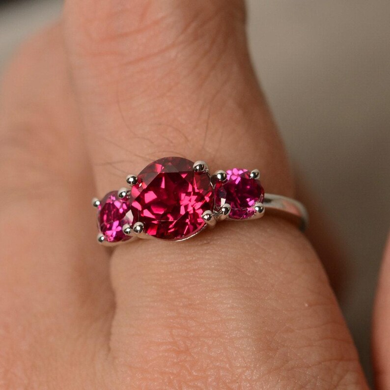 Handmade Three Stone Lab Ruby Ring, Sterling Silver Promise Ring image 5