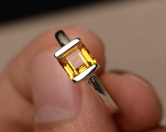 Natural Citrine Ring Square Cut Sterling Silver Ring Yellow Gemstone Ring November Birthstone Ring