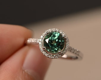 Lab Green Sapphire Ring Round Cut Halo Ring Sterling Silver Engagement Ring