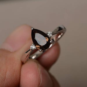 Natural Smoky Quartz Ring Proposal Ring Brown Gemstone Ring Sterling Silver Ring Pear Cut Gemstone