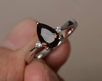 Natural Smoky Quartz Ring Proposal Ring Brown Gemstone Ring Sterling Silver Ring Pear Cut Gemstone