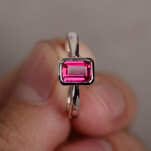 Red Ruby Ring Silver Gemstone July Birthstone Ring Bezel Setting Ring