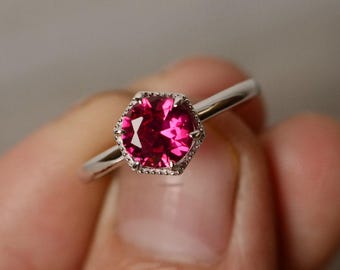 Lab Ruby Ring Solitaire Ring Sterling Silver