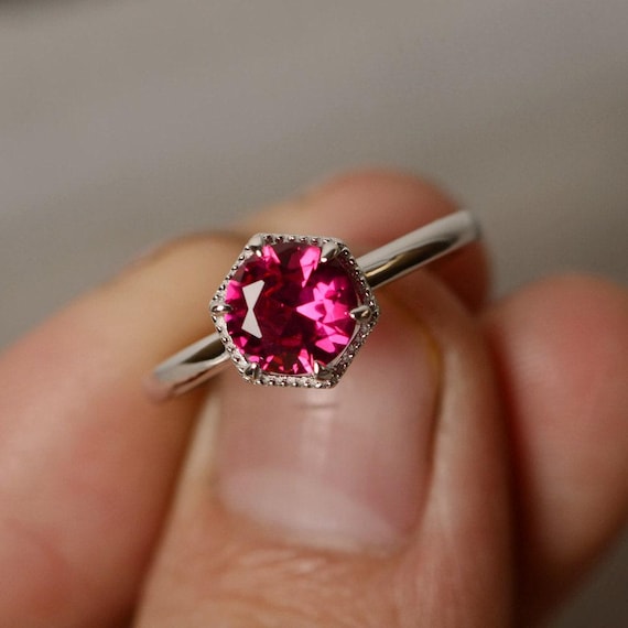 Lab Ruby Ring Solitaire Ring Sterling Silver