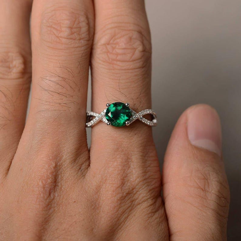 Emerald Silver Rings Cocktail Party Rings May Birthstone Round Cut Green Gemstone Silver Rings Unique Ring image 3