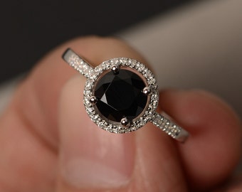 Rings Black Halo Ring Black Spinel Ring Promise Ring for Girl Round Cut Black Rings Engagement Ring Sterling Silver 925