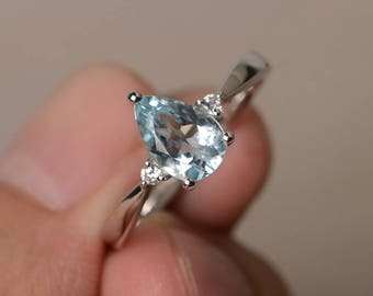 Natural Aquamarine Ring Promise Ring March Birthstone Ring Blue Gems Sterling Silver Ring Pear Cut Gemstone