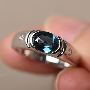 Oval Shaped 8x6 mm London Blue Topaz Ring for Men Simple Wedding Ring Sterling Silver November Birthstone Ring