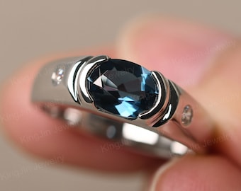 Ovaler 8 x 6 mm London Blue Topas Ring für Männer Einfache Hochzeit Sterling Silber Ring November Birthstone Ring