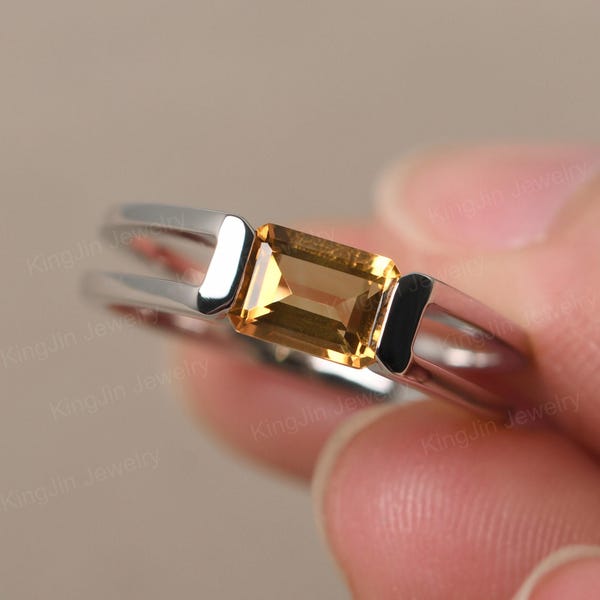 Fijne smaragd geslepen citrien ring dubbele band rechthoek verlovingsring sterlingzilver november geboortesteen ring