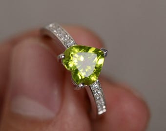 Natural Peridot  Ring Green Gemstone Ring Heart Ring Engagement Ring Promise Ring For Her August Birthstone Ring