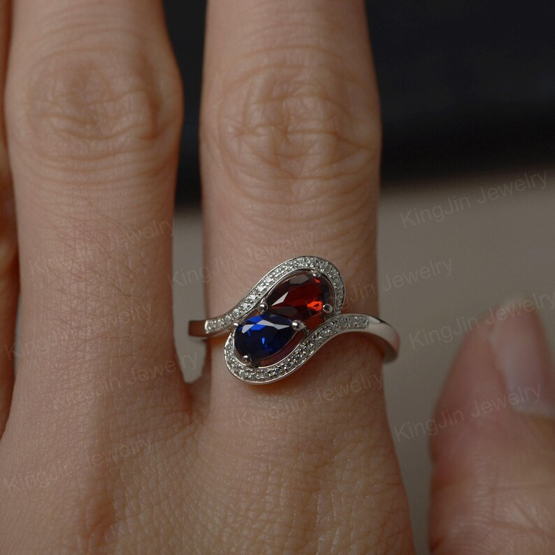 Zwei-Stein-Ring-Labor Sapphire Granat Ring Pear-Schliff Sterling Silber Ring für Frauen Bild 4