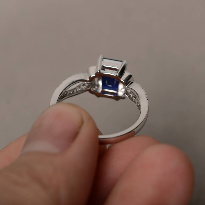 Lab Sapphire Engagement Ring Emerald Cut Gemstone Jewelry Silver Rings image 2